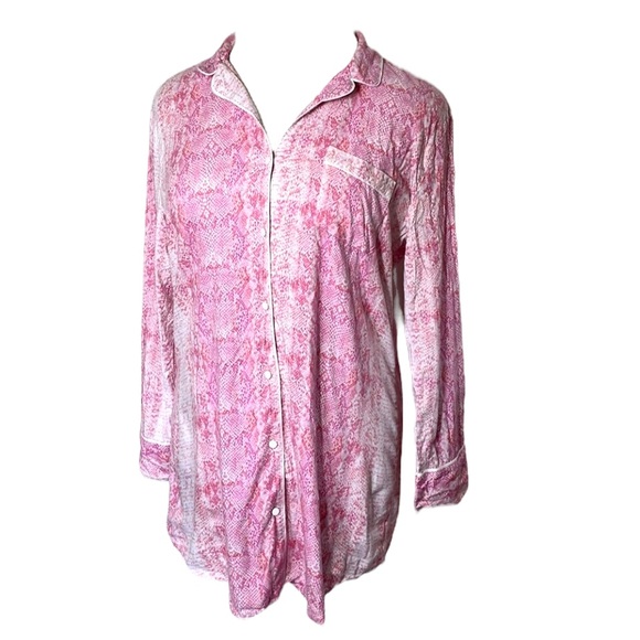 Victoria's Secret Other - Victoria’s Secret Pink White Long Sleeved Button Down Nightgown Cotton Modal L